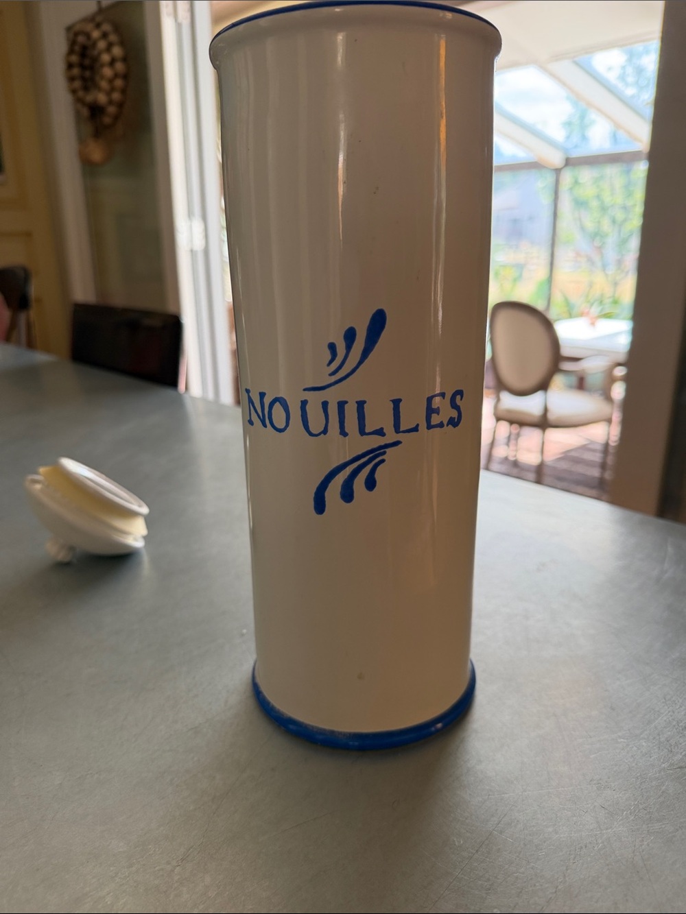 American Atelier White Ceramic Utensil Crock with Blue Accents French Bistro -